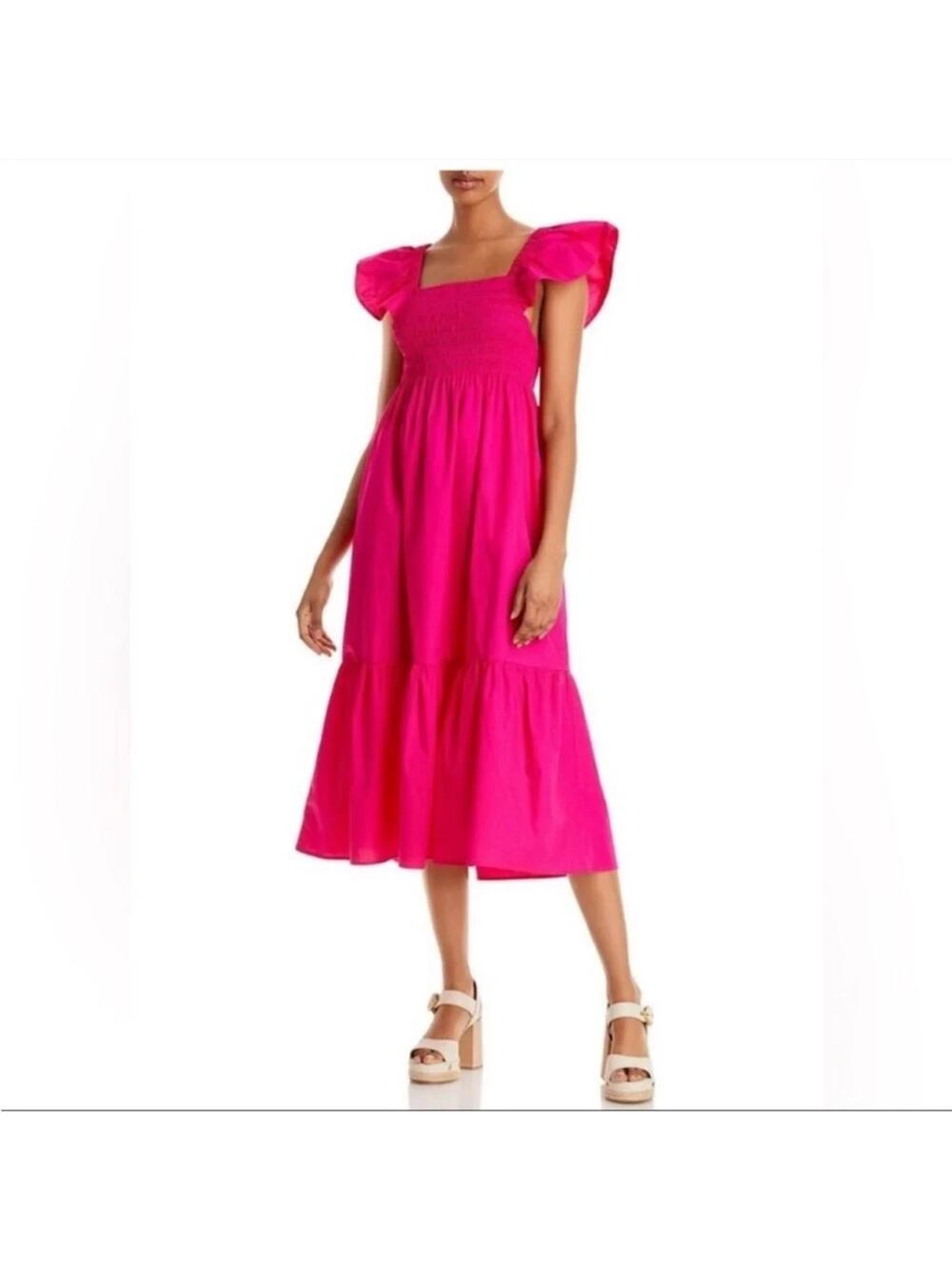 Jason Wu Hot Pink Eyelet Smocked Bodice Midi Dress Medium
